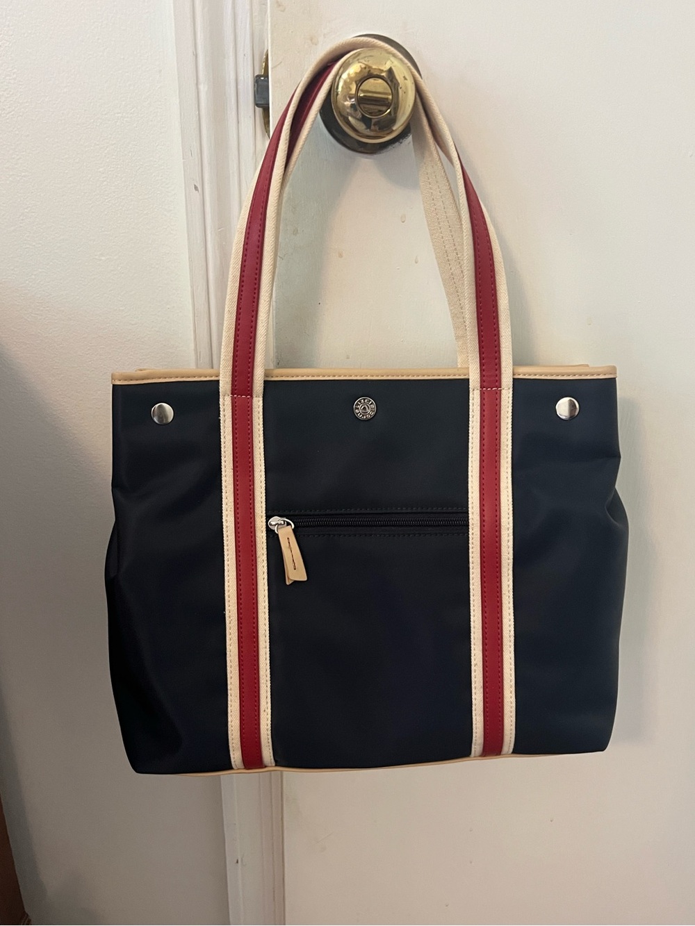 Liz Claiborne Navy Blue Tote Bag with Red & White Striped Straps